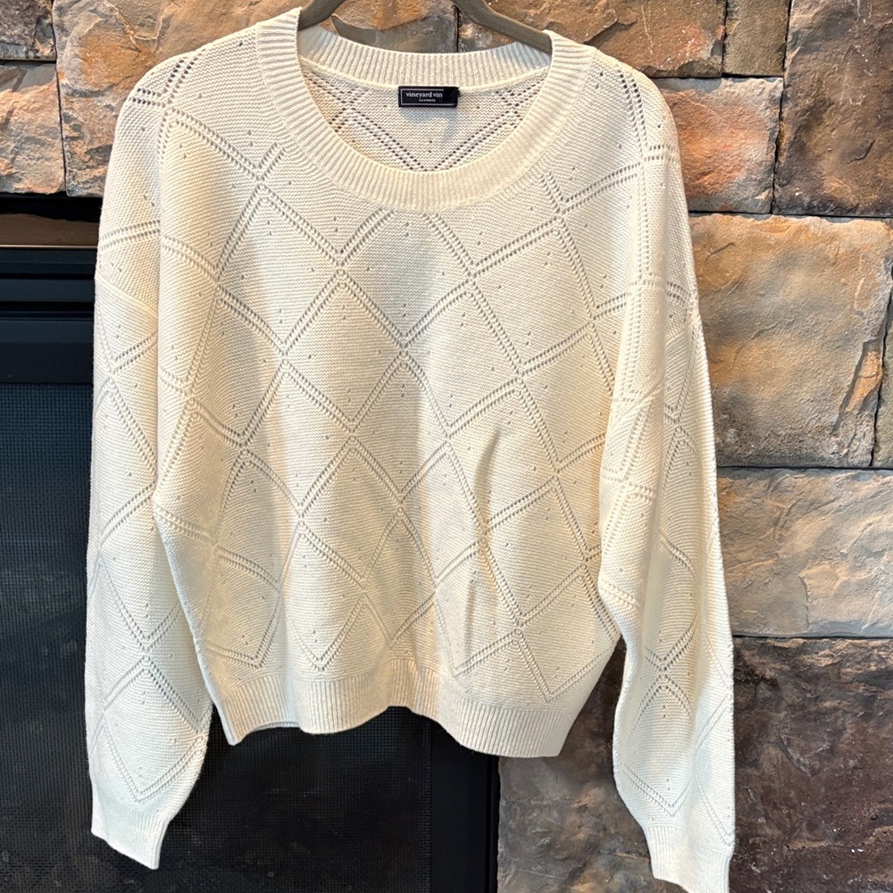 Vineyard Vines Cream Cashmere Diamond Pattern Crew Neck Sweater NWOT
